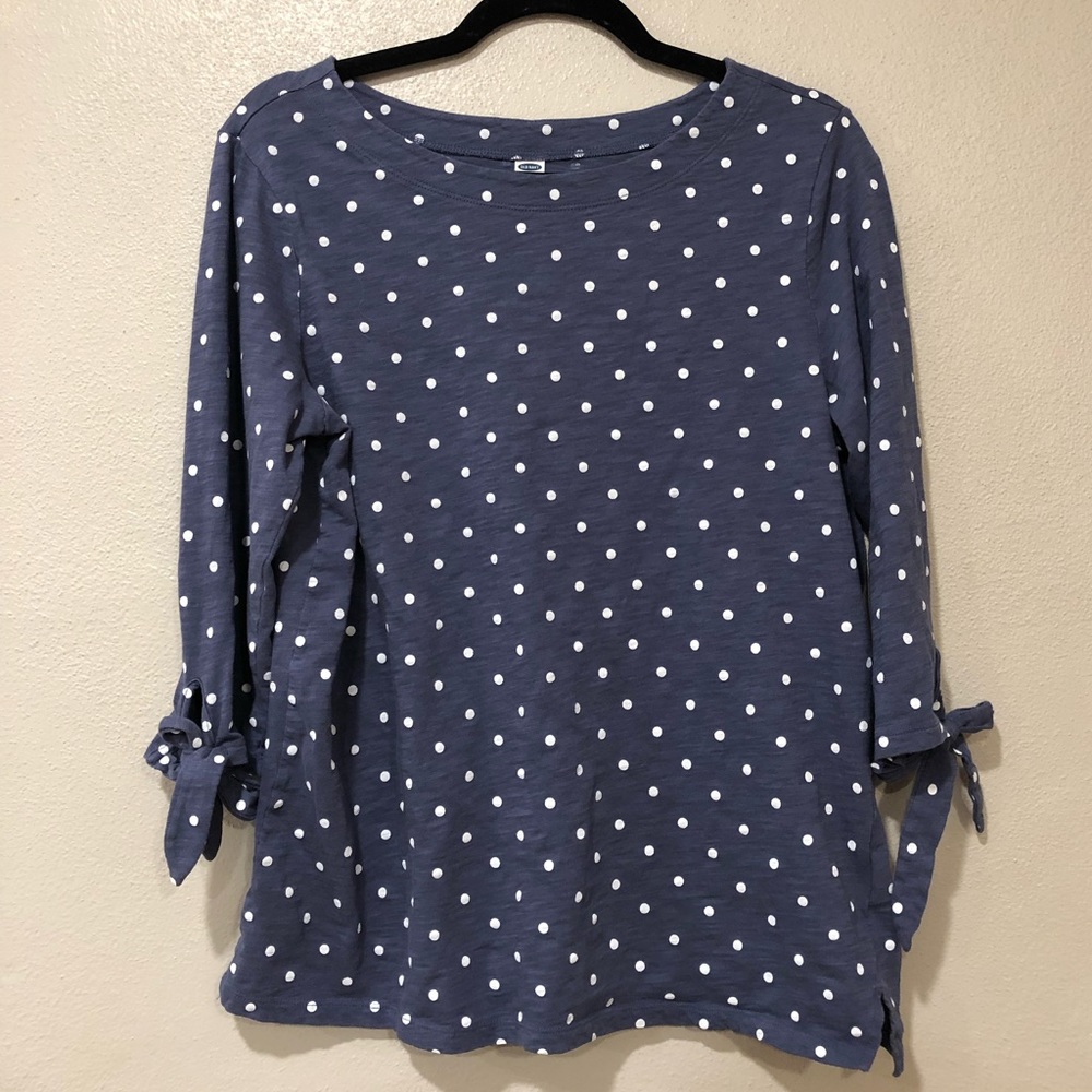 Blue/White Polka Dot Top with Tie Sleeves